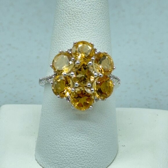 Citrine Cluster Flower Sterling Silver Ring 4.61ct Prong Set White Zircon Accent - Picture 9 of 10